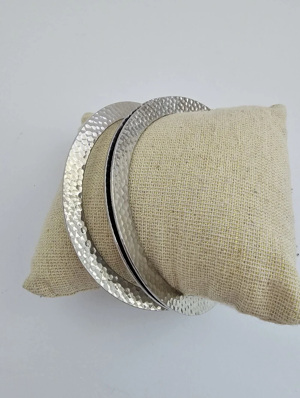 Vintage Mixed Metal Bangle Bracelets Hammered Silver Flat Stack Set Of 3